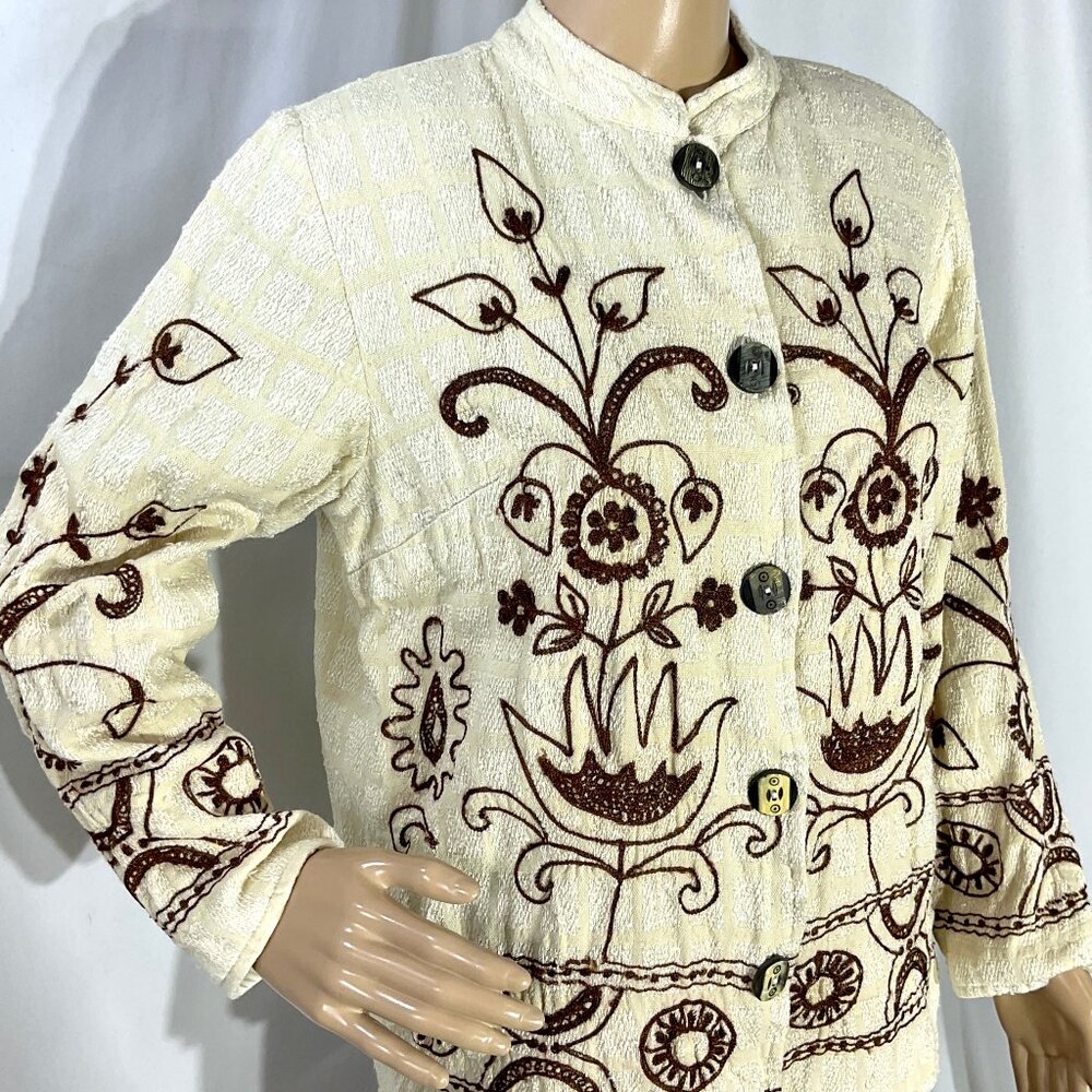 Indigo Moon Sz Small Womens Cream Blazer Brown Embroidery A-17671